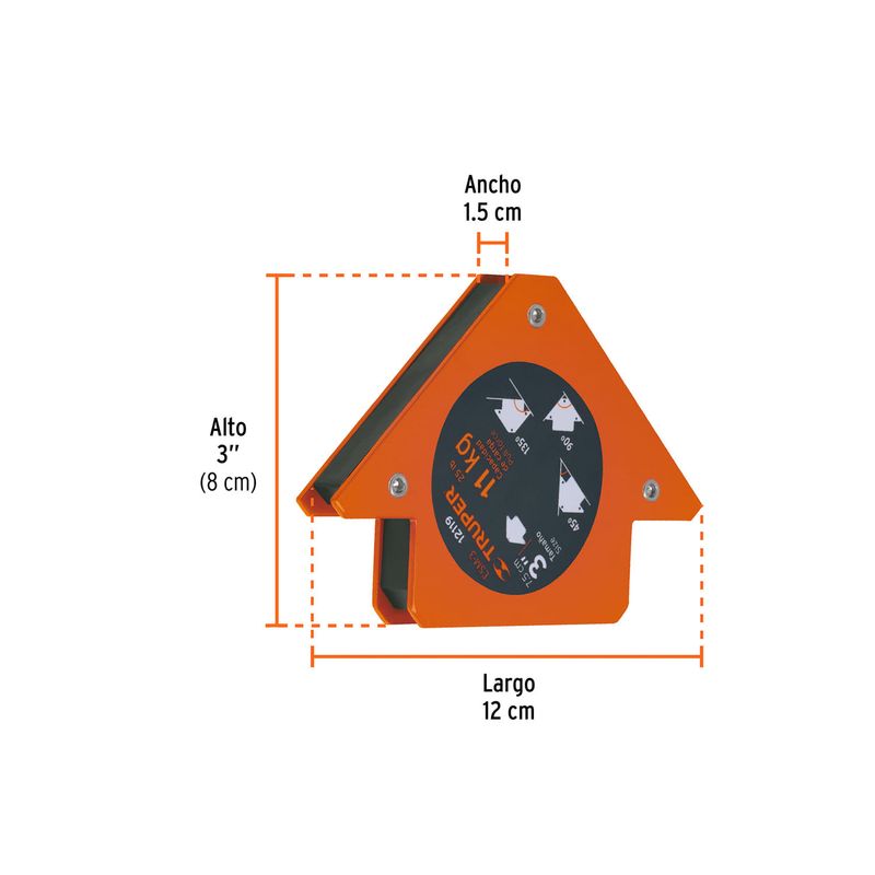 Escuadra magnética para soldar 3 pulgadas Truper, gráfico con medidas de ancho 1.5 cm, alto 3 pulgadas y largo 12 cm