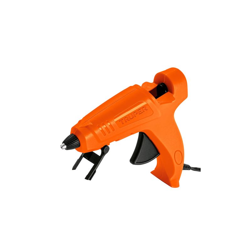 Pistola eléctrica para silicón 25 W Truper, cuerpo de color naranja con gatillo negro y soporte integrado