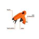 Pistola eléctrica para silicón 25 W Truper, diagrama con etiquetas señalando boquilla, cable, soporte y gatillo