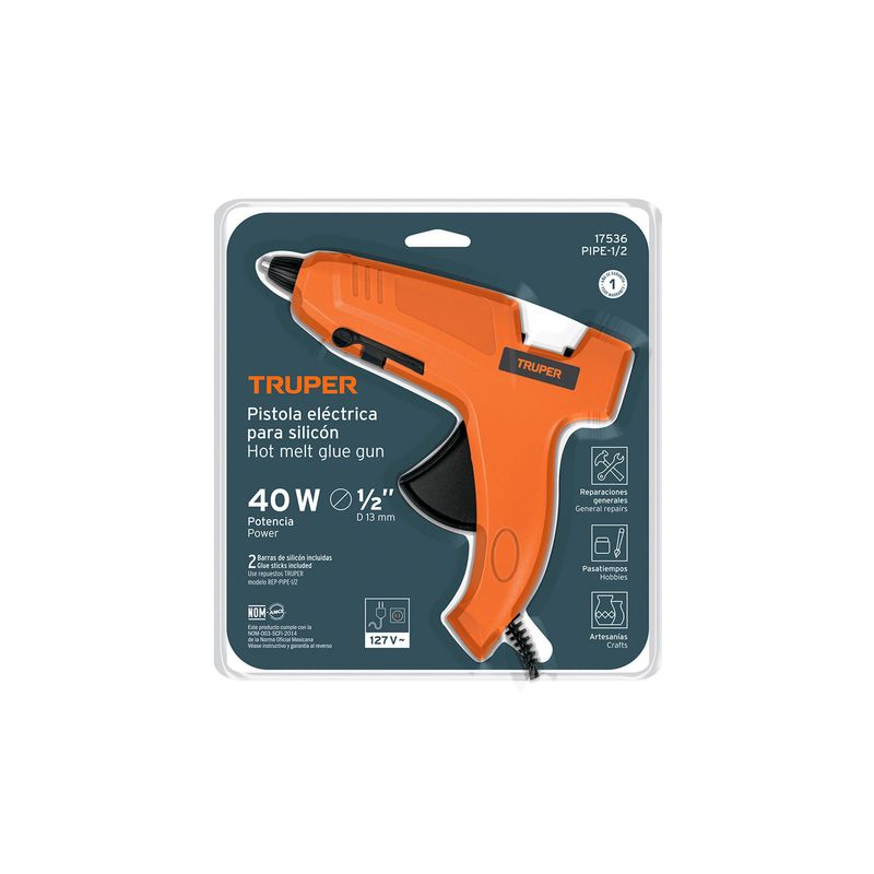 Pistola eléctrica para silicón 25 W Truper, empaque blíster con la herramienta naranja y texto descriptivo