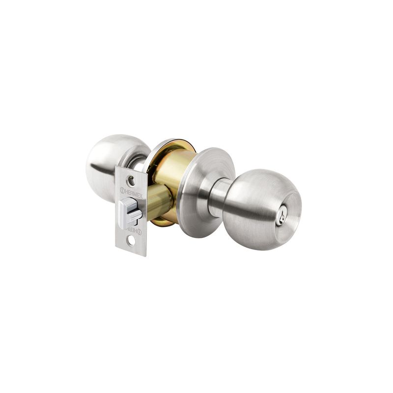 Combo cerradura pelota y cerrojo llave/llave cromo Hermex, vista lateral del conjunto con pernos y placa de metal