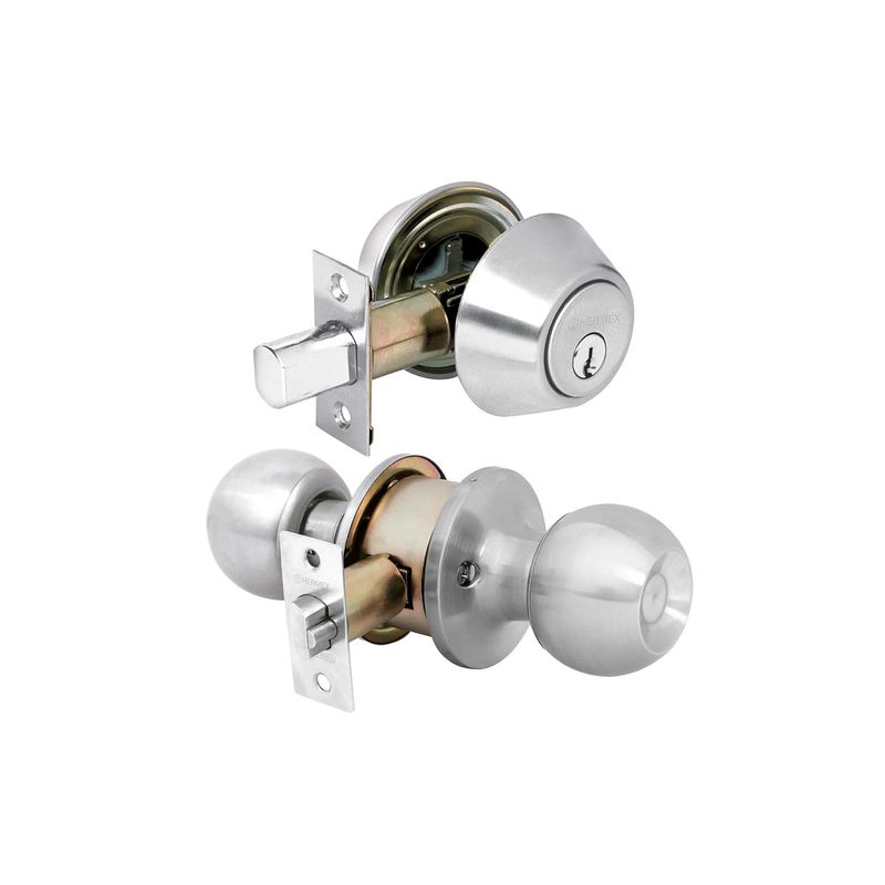 Combo cerradura pelota y cerrojo llave/llave cromo Hermex, vista lateral de ambas piezas con pestillos extendidos