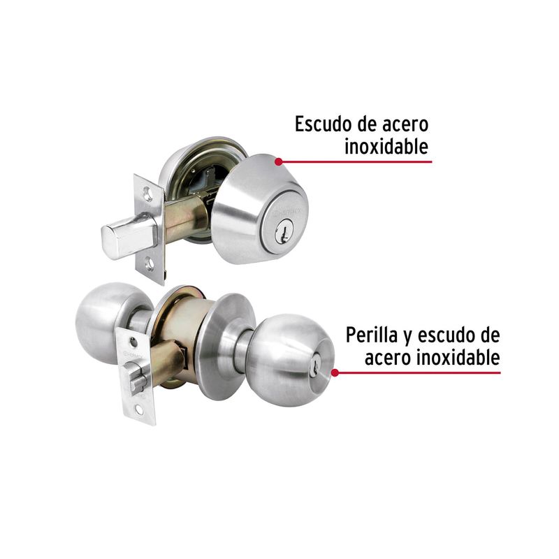 Combo cerradura pelota y cerrojo llave/llave cromo Hermex, esquema con etiquetas señalando el escudo y la perilla