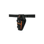 Bolso porta taladro 5 compartimientos Truper, vista frontal en color negro con detalles en naranja y correa ajustable