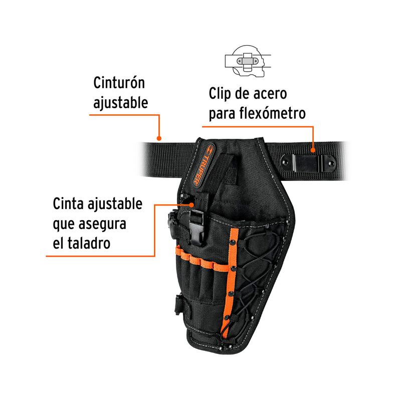 Bolso porta taladro 5 compartimientos Truper, gráfico con etiquetas que señalan el cinturón, clip y cinta ajustable