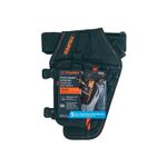 Bolso porta taladro 5 compartimientos Truper, vista frontal con empaque de cartón informativo sobre el producto