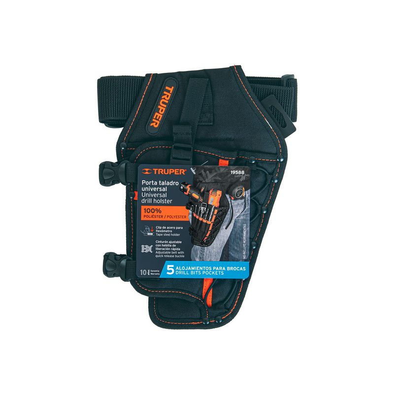 Bolso porta taladro 5 compartimientos Truper, vista frontal con empaque de cartón informativo sobre el producto
