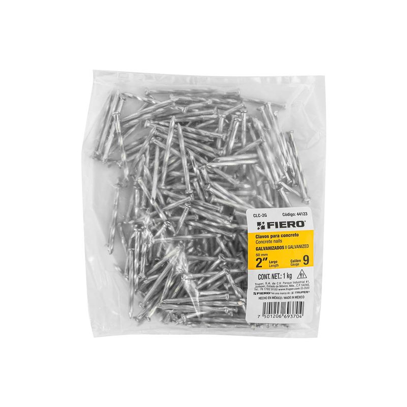 Clavo para concreto 2 pulgadas galvanizado bolsa 1 kg 215 und Fiero, empaque plástico transparente con etiqueta frontal