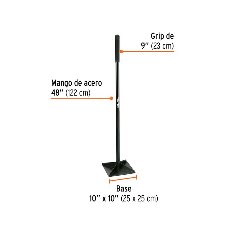 Apisonador para tierra Truper de 10 x 10 x 48 pulgadas y 6 kg, gráfico técnico con medidas de la base, mango y grip