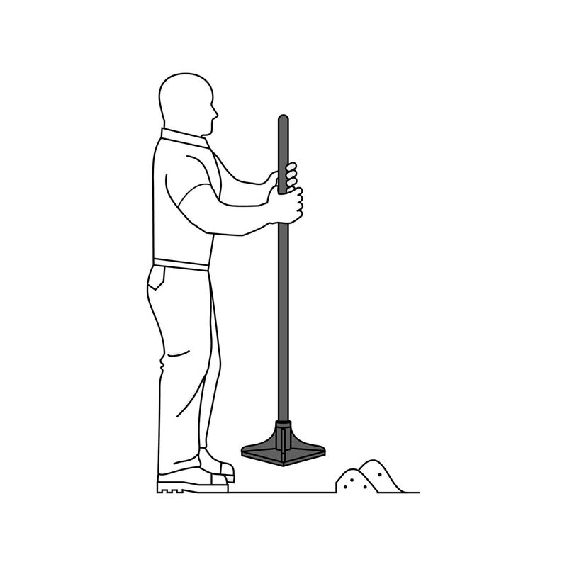 Apisonador para tierra Truper de 10 x 10 x 48 pulgadas y 6 kg, ilustración lineal de una persona usándolo sobre el suelo