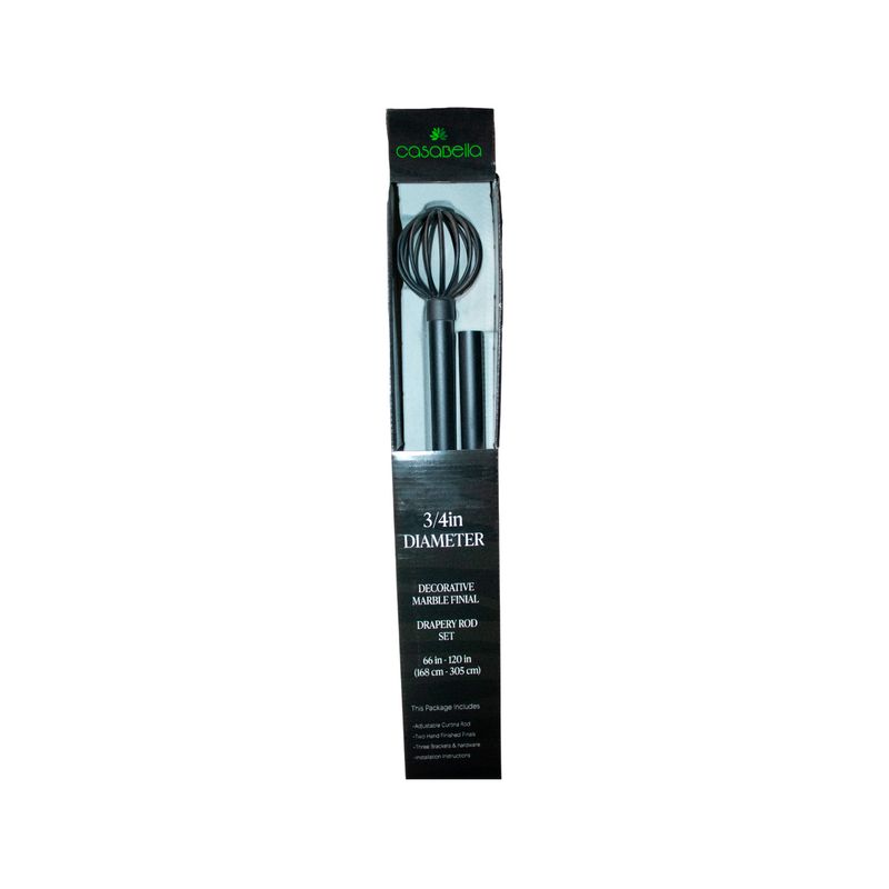 Cortinero 66-120 pulgadas metal rod 3/4 pulgadas black Cannes CHD Home, empaque negro con el producto y detalles técnicos