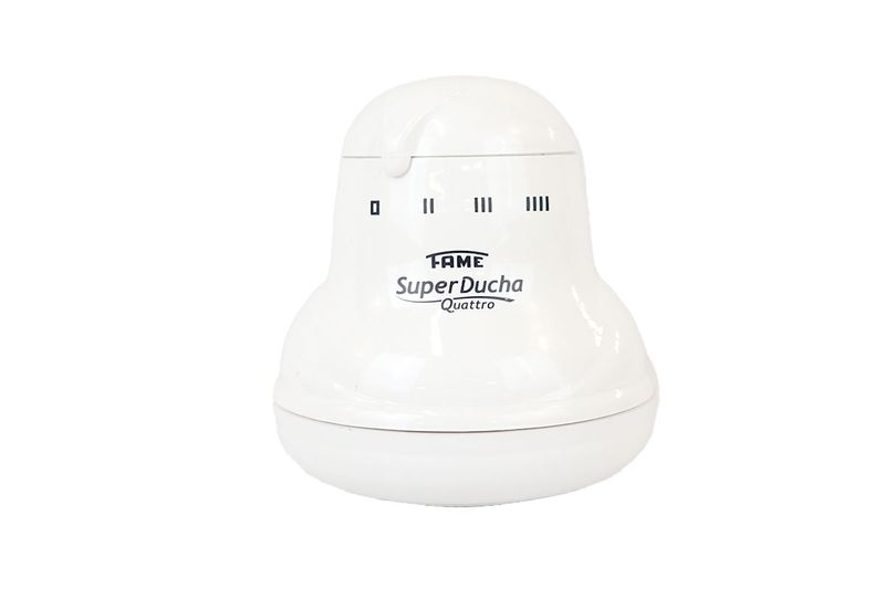 Super ducha 4 temperaturas sin manguera 127V 5400W blanca Fame, vista frontal detallando el dial de temperatura