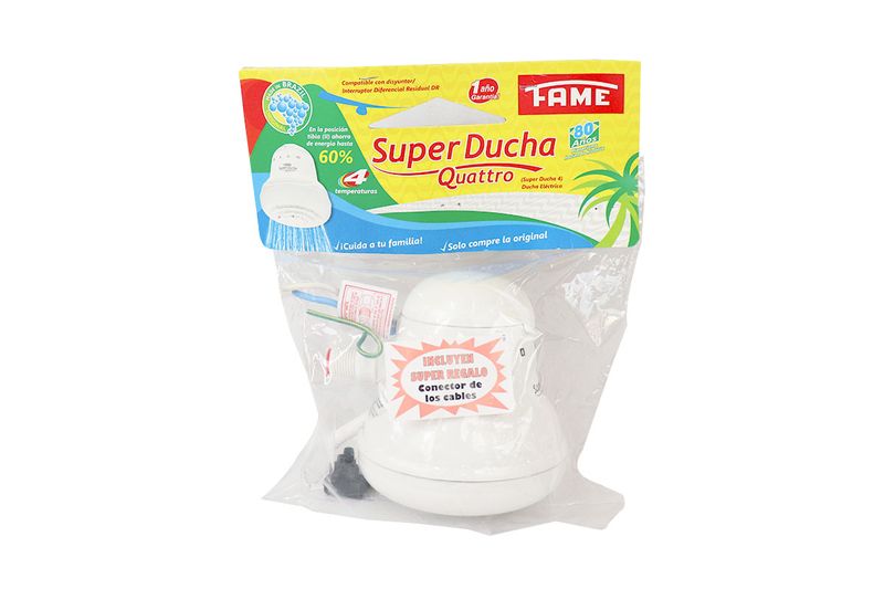 Super ducha 4 temperaturas sin manguera 127 V 5400 W blanca Fame, en su empaque plástico con cartón y accesorios