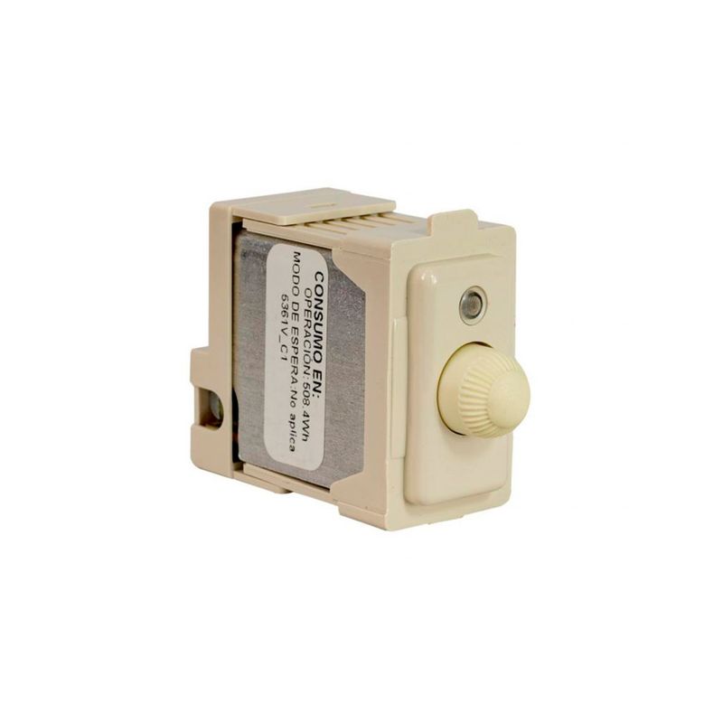 Dimmer sencillo 500 W con soporte blanco 127 V Bticino, vista lateral del dispositivo con perilla y etiqueta técnica