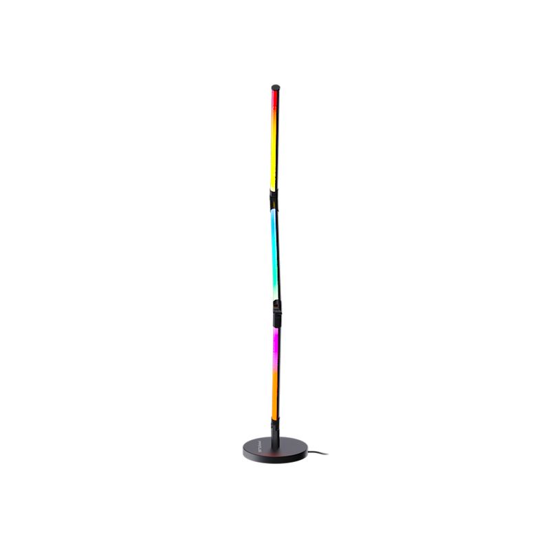 Lámpara flexible Smart para mesa gamer Primus, vista frontal encendida con colores arcoíris y base circular negra