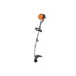 Desbrozadora a gas 30 cc 17 pulgadas curva Truper, vista lateral completa del equipo en color naranja y gris