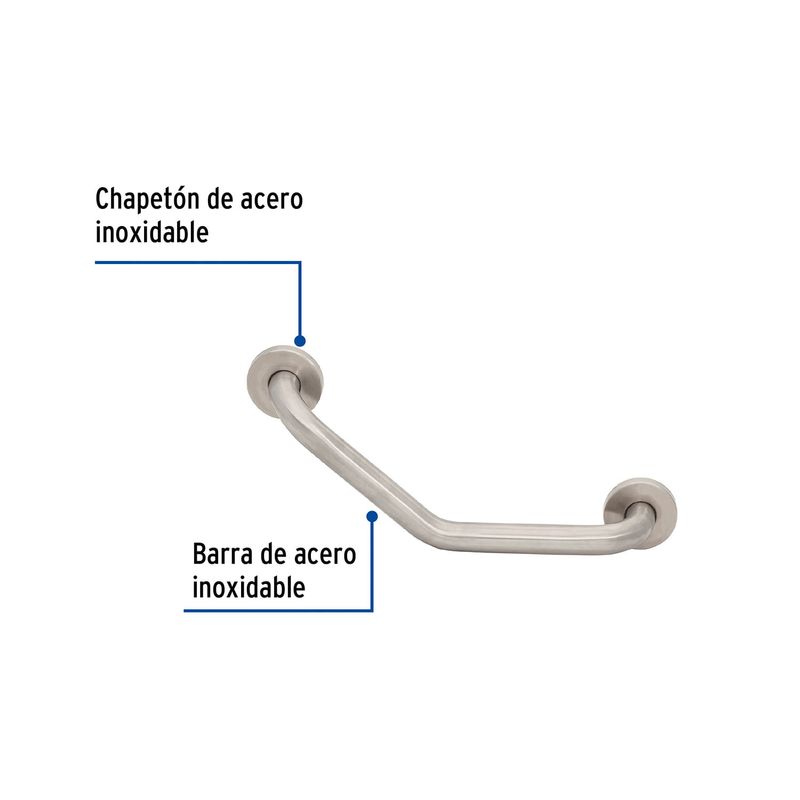 Barra de seguridad angular 40 cm Foset, detalle con etiquetas que indican el chapetón y la barra de acero inoxidable