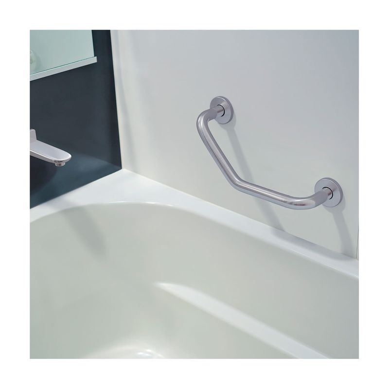 Barra de seguridad angular 40 cm Foset, instalada en la pared blanca sobre una bañera