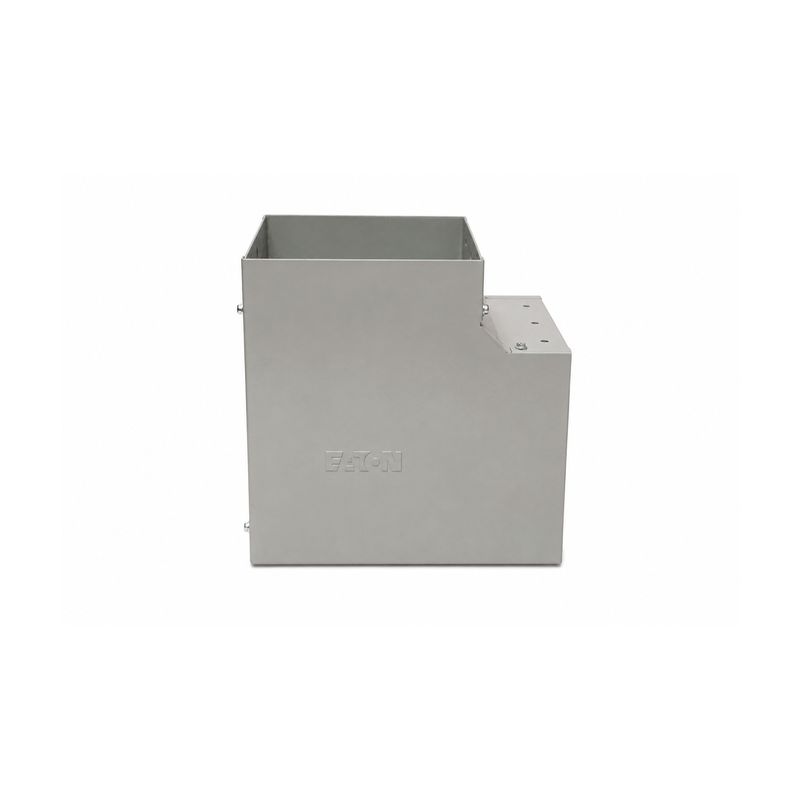 Accesorio para aeroducto, codo 8" x 8" a 90° Eaton, pieza metálica gris con logo grabado en el frente
