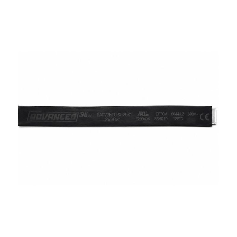 Barra de cobre flexible 2x20x1 2 metros Tekpan, vista lateral del conductor negro con especificaciones técnicas impresas