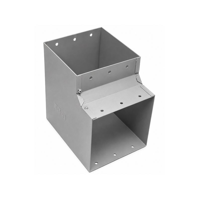 Accesorio para aeroducto, codo 8" x 8" a 90° Eaton, vista lateral del conducto metálico con remaches y logo grabado