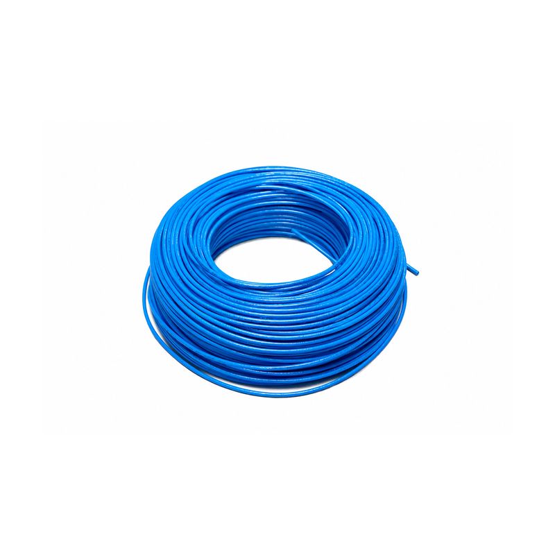 Cable THHN caja Viakon calibre 12 azul, rollo de cable eléctrico enrollado sobre fondo blanco