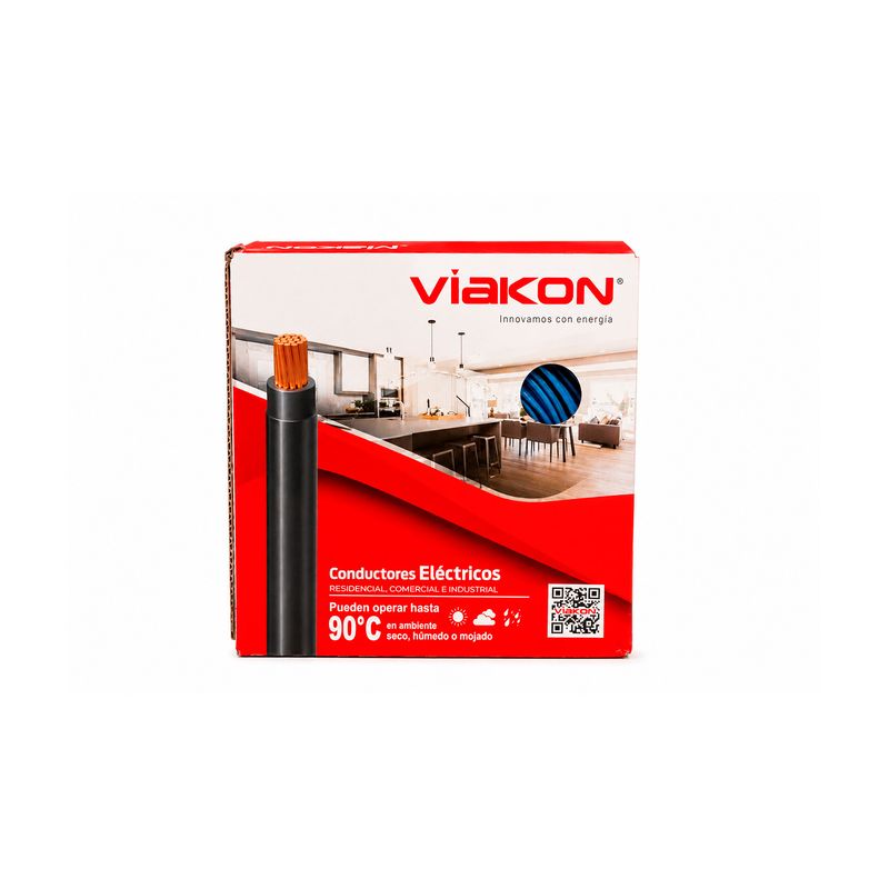 Cable THHN caja Viakon calibre 12 azul, empaque frontal con ilustración de cable y ambiente residencial