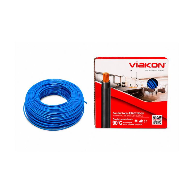 Cable THHN caja Viakon calibre 12 azul, rollo de cable junto a su caja de cartón roja y blanca