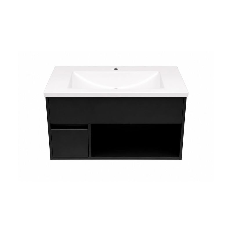Mueble Melani titanio tambo con lavamanos Sinsa, vista frontal con lavamanos blanco y mueble inferior oscuro