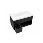 Mueble Melani titanio tambo con lavamanos Sinsa, vista frontal con el cajón inferior abierto