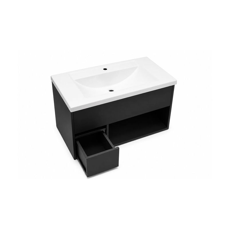 Mueble Melani titanio tambo con lavamanos Sinsa, vista frontal con el cajón inferior abierto