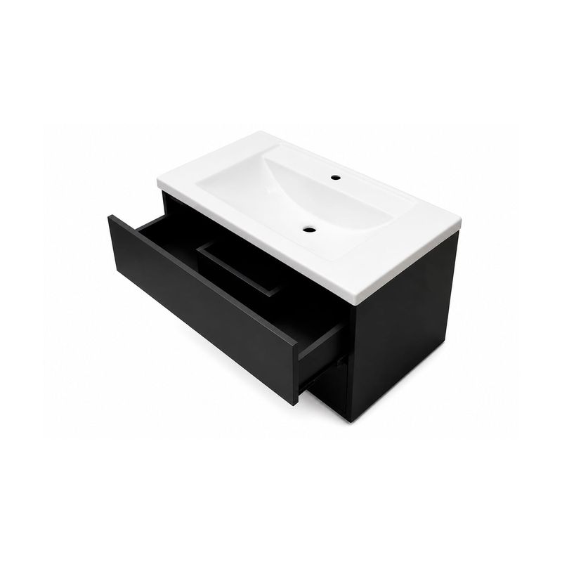 Mueble Melani titanio tambo con lavamanos Sinsa, vista superior con el cajón abierto y el lavamanos blanco