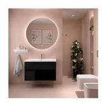 Mueble Melani titanio tambo con lavamanos Sinsa, ambientado en baño con espejo circular iluminado y planta decorativa