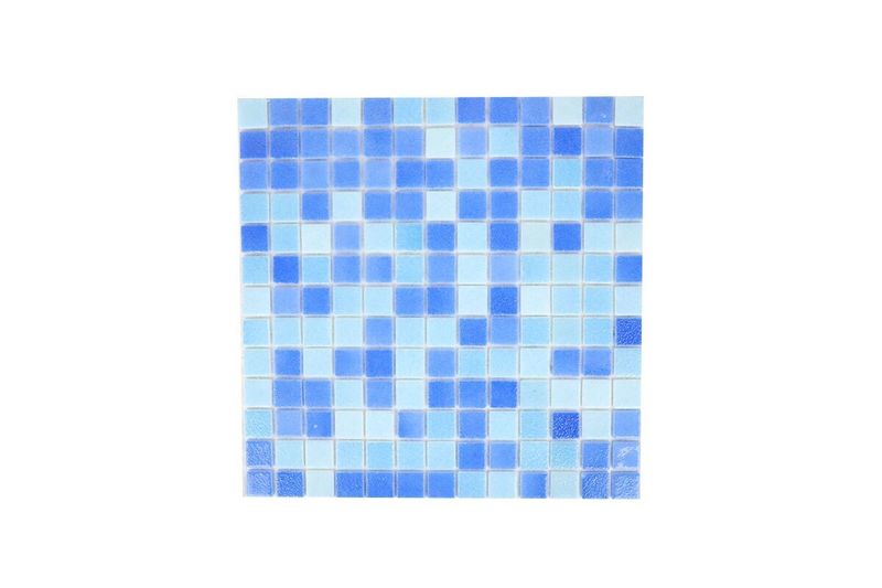 Vitreó 33 x 33 combinado Caribe Togama, vista frontal de la malla de mosaicos en diversas tonalidades de azul