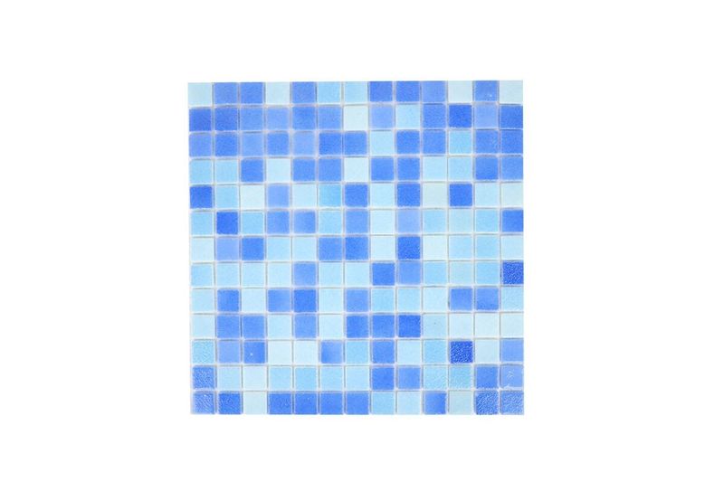 Vítreo 33 x 33 combinado Caribe Togama, vista frontal de malla con mosaicos en diversos tonos de azul