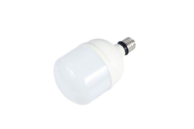 Bombillo LED T140 E27 50 W 6500 K con convertidor de rosca a E40 Ecomax, vista lateral del cuerpo blanco y base metálica