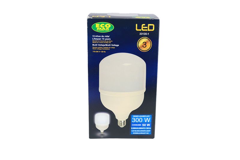 Bombillo LED T140 E27 50 W 6500 K con convertidor de rosca a E40 Ecomax, en su caja con ilustración del producto