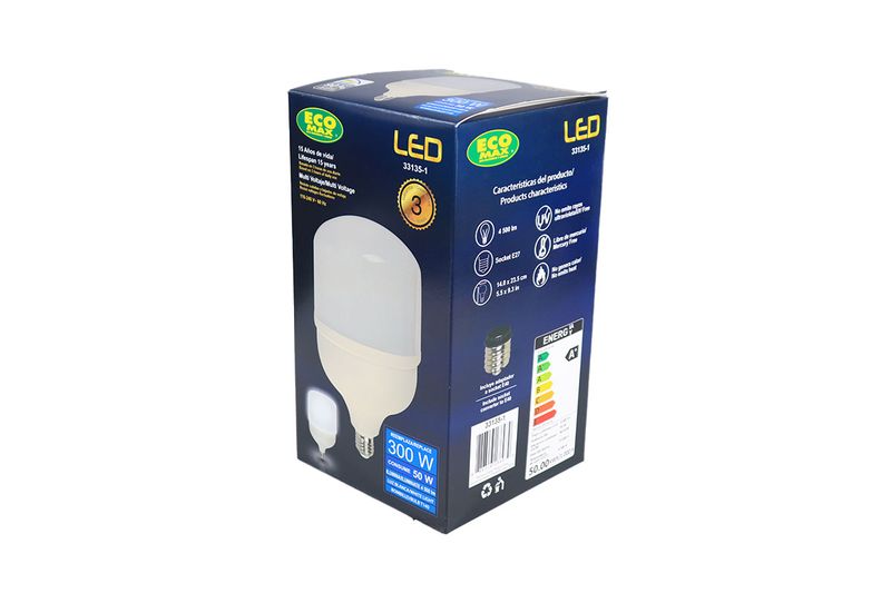 Bombillo LED T140 E27 50 W 6500 K con convertidor de rosca a E40 Ecomax, en su caja con ilustración del producto
