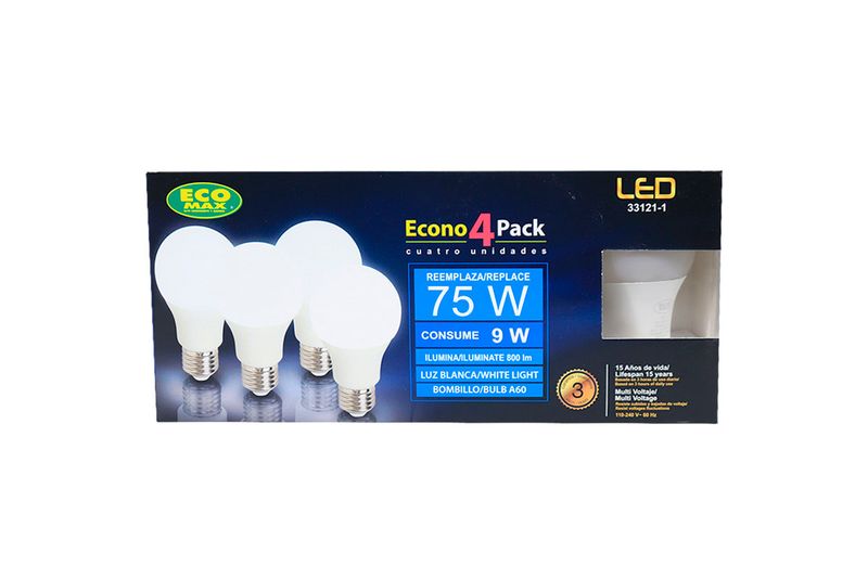 Bombillo LED A60 E27 9 W 6500 K 4 piezas Ecomax, empaque frontal con imagen de los bombillos y especificaciones técnicas