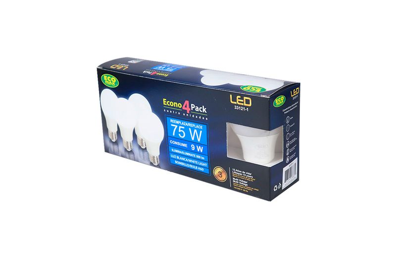 Bombillo LED A60 E27 9 W 6500 K 4 piezas Ecomax, empaque rectangular azul con ilustración de los bombillos y especificaciones
