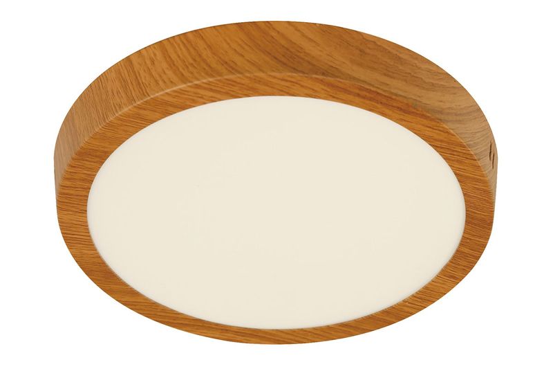 Luminaria de sobreponer redonda 18 W 6000 K madera General Lighting, vista frontal con acabado de madera y difusor blanco