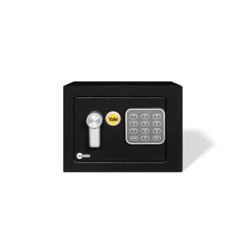 Caja de seguridad digital mini 17 x 23 x 17 cm Yale, frente de color negro con teclado numérico y perilla plateada