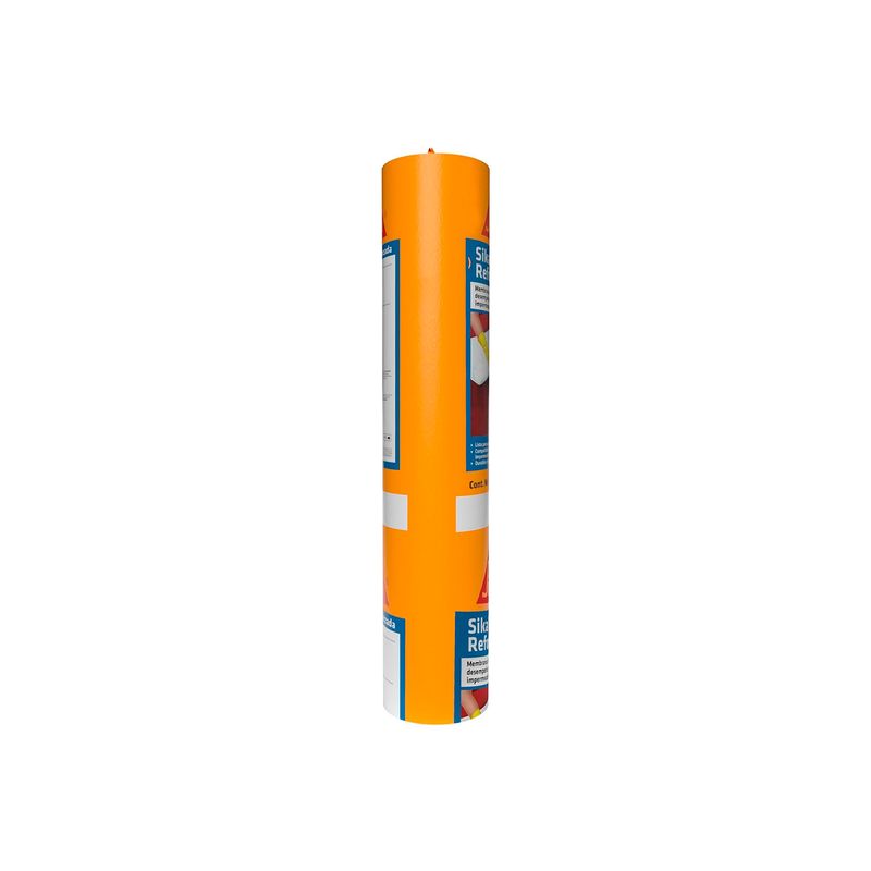Malla SikaFill refuerzo de 100 m x 1.10 m Sika, rollo envuelto en plástico naranja con etiquetas informativas