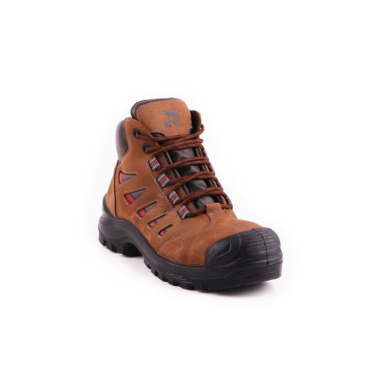 Bota seguridad dieléctrica café Rhino mod 66215 #39, vista lateral del calzado con puntera reforzada y cordones cafés