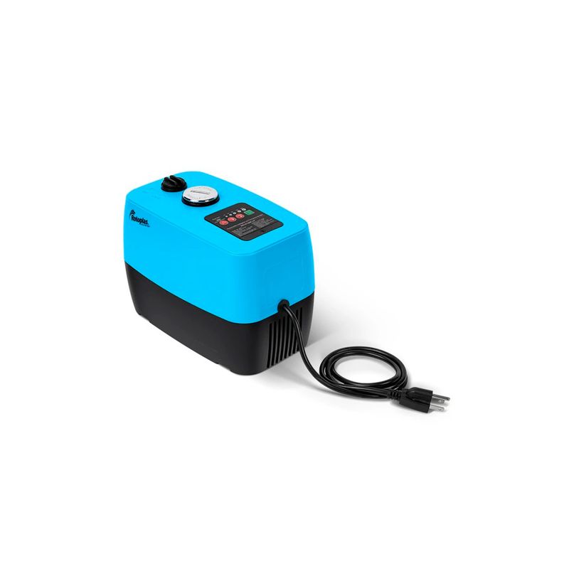 Bomba presurizadora inteligente 1/4 HP 4 en 1 Rotoplas, vista lateral del equipo azul y negro con cable de alimentación