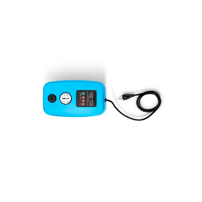 Bomba presurizadora inteligente 1/4 HP 4 en 1 Rotoplas, vista superior del equipo azul con cable de alimentación negro