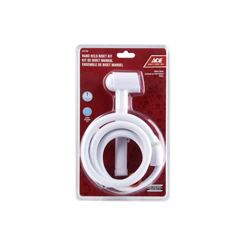 Kit cabeza de ducha para bidé con manguera 1 f blanca Ace, producto en empaque blister con fondo rojo