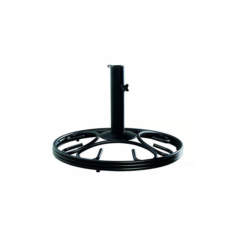 Base redonda para sombrilla 18 pulgadas negro Living Accents, vista frontal del soporte circular con tubo central