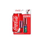 Bálsamo labial Coca Cola mini lata Lip Smacker, set de tres bálsamos en envases de lata pequeña sobre fondo blanco