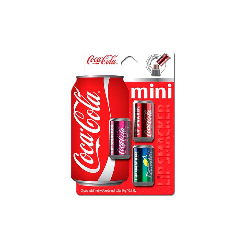 Bálsamo labial Coca Cola mini lata Lip Smacker, set de tres bálsamos en envases de lata pequeña sobre fondo blanco